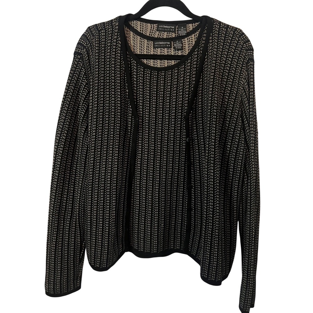 Liz Claiborne Sweater Set Size M Silk Knit Textured Dash Black Tan Cardigan Tank